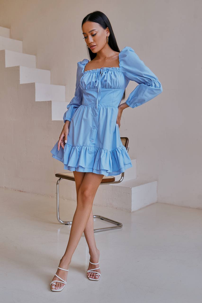 Blue Cotton Casual Dress with Puffy Sleeves and Ruffle Hem
