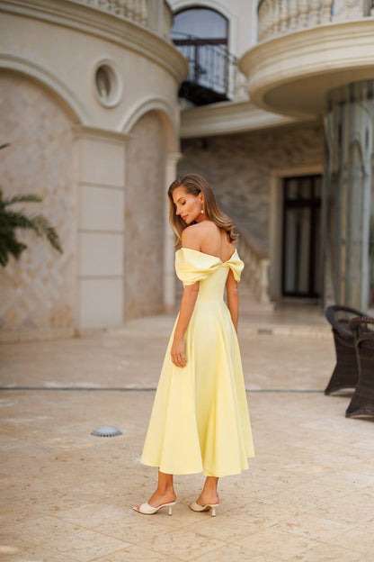 Elegant Off-Shoulder Yellow Diagonal Crepe Dress for Women