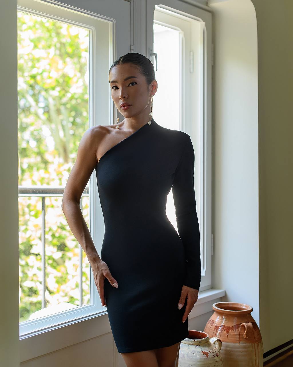 Black One Sleeve Mini Bandage Dress Dense Knit Fabric