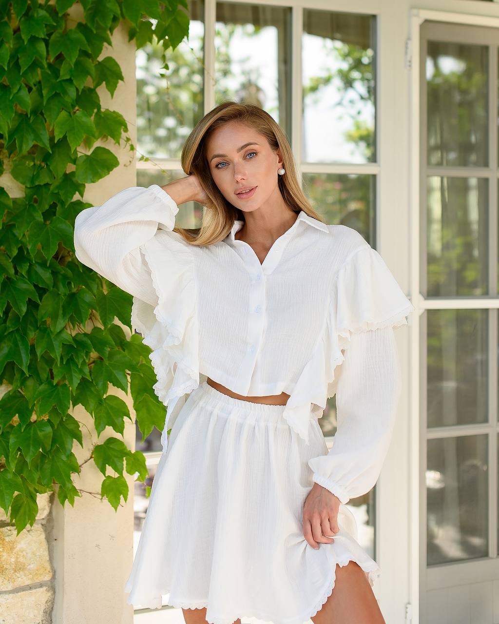 Women's Muslin Two-Piece Set Shirt and Skirt in Milk with Hearts Print