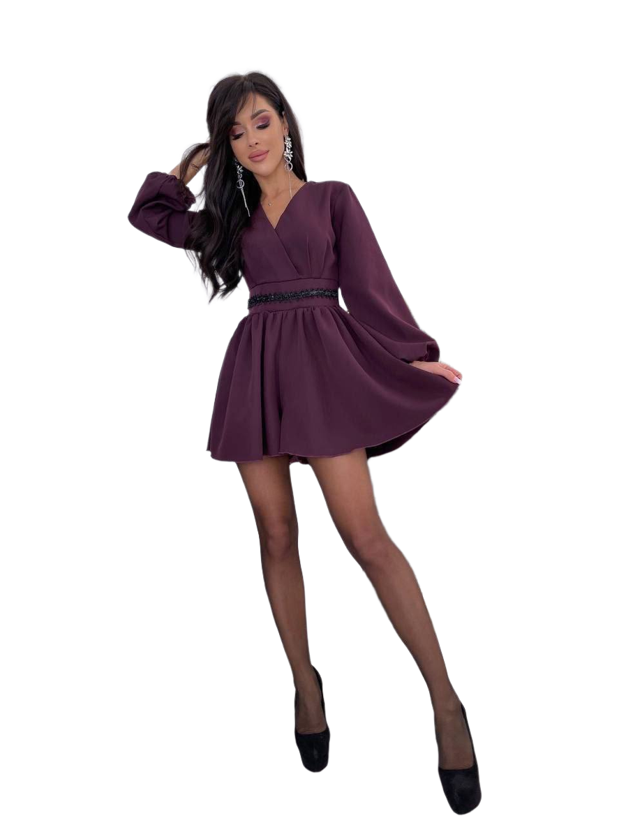 Elegant Women's Suiting Fabric Overall with Sewn Belt Decoration and Hidden Back Zipper