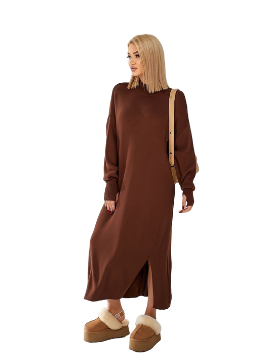 Brown Oversized Knit Maxi Dress with Thumbhole Sleeves and Side Slit