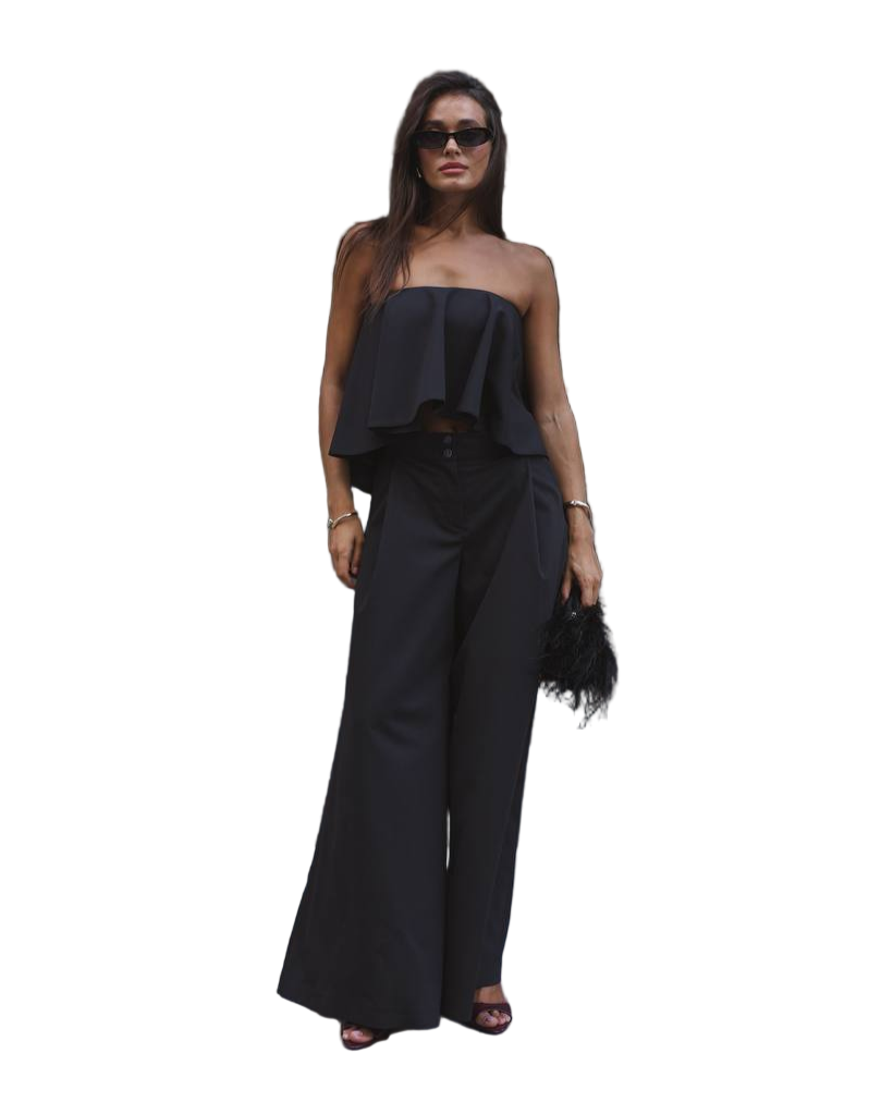 Black Strapless Bandeau Corset Top with Wide Leg Trousers Suit Set