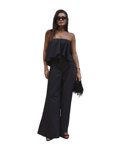 Black Strapless Bandeau Corset Top with Wide Leg Trousers Suit Set