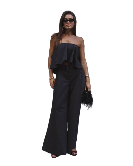 Black Strapless Bandeau Corset Top with Wide Leg Trousers Suit Set