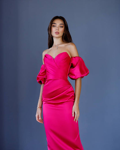 Midi Corset Dress in Satin with Off-Shoulder Puff Sleeves
