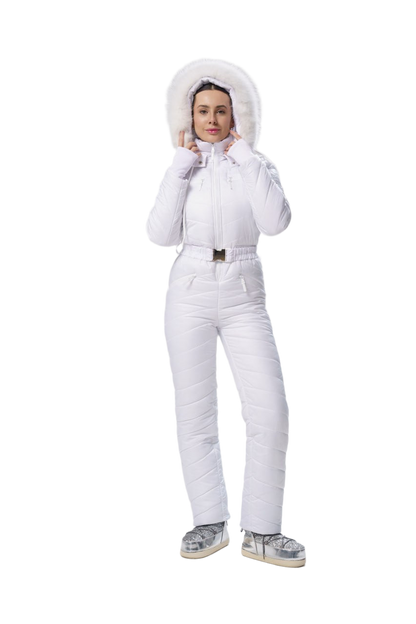 Womens Insulated Ski Jumpsuit with Natural Fox Fur Hood Water-Repellent Snow White