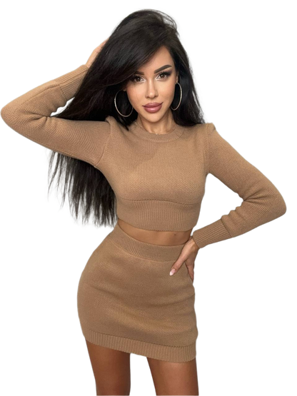 Mini Two-Piece Knit Suit for Women with Long Sleeve Crop Top and Skirt