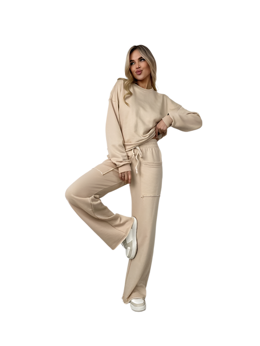 Beige Casual Sweatshirt and High-Waist Pants Set for Women