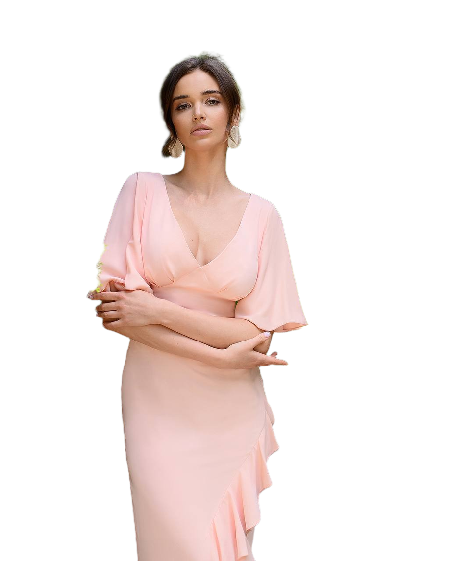 Elegant Pink Crepe-Silk Ruffle Maxi Dress for Women