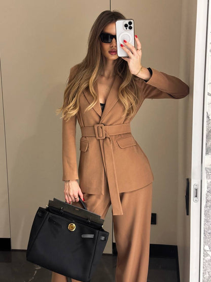 Stylish Beige Suit Set with Belted Jacket and Wide Leg Pants