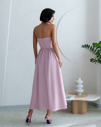 Strapless Midi Dress Women Premium Crepe Fabric Elegant Cocktail Dress