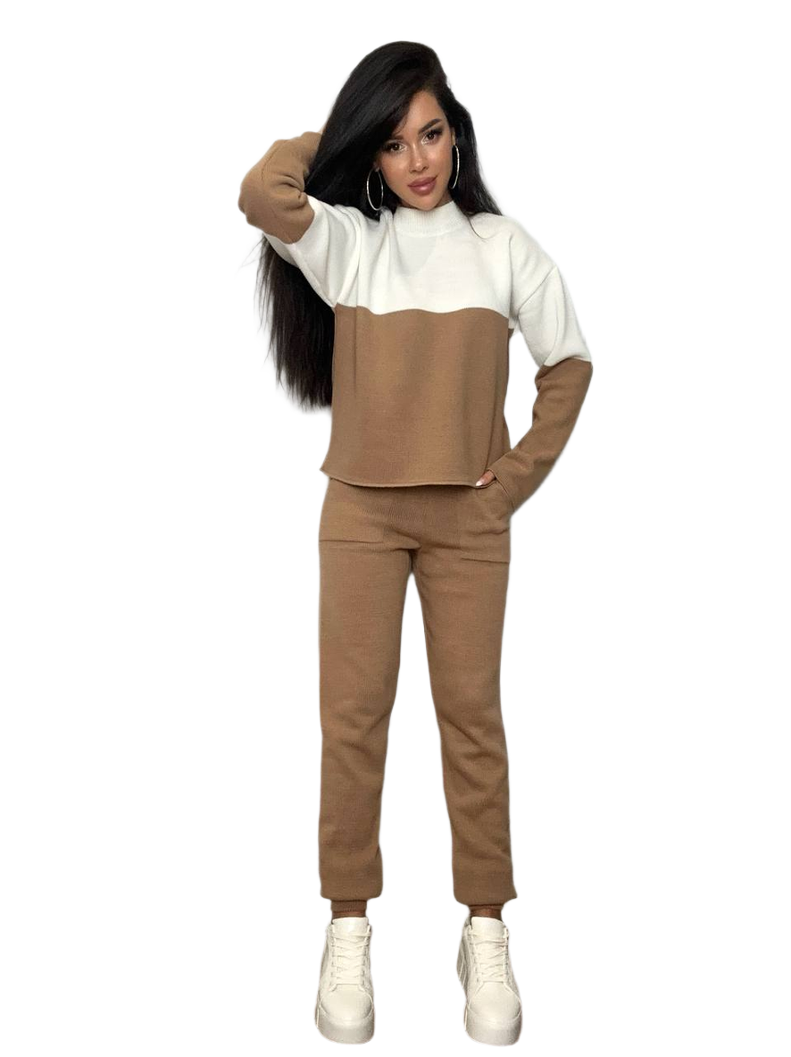 Womens Knit Polovynky Suit Two Tone Sweater and Pants Set