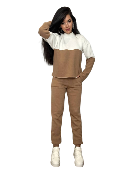 Womens Knit Polovynky Suit Two Tone Sweater and Pants Set