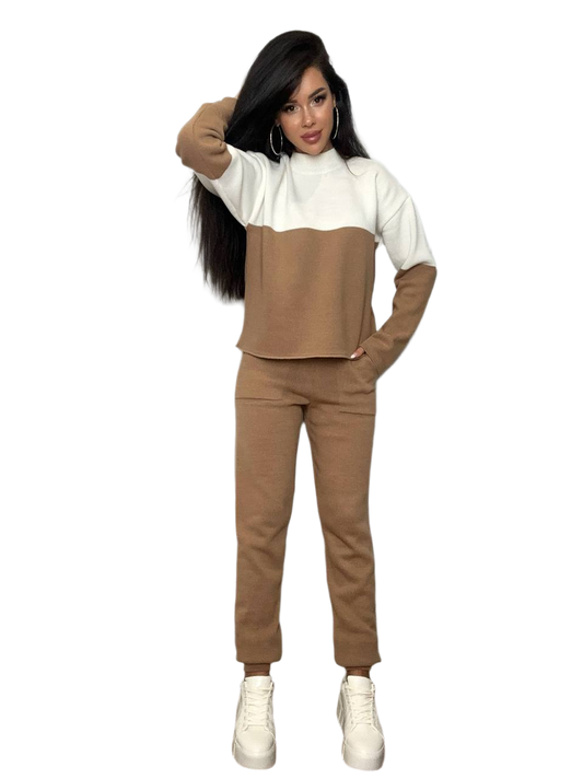 Womens Knit Polovynky Suit Two Tone Sweater and Pants Set