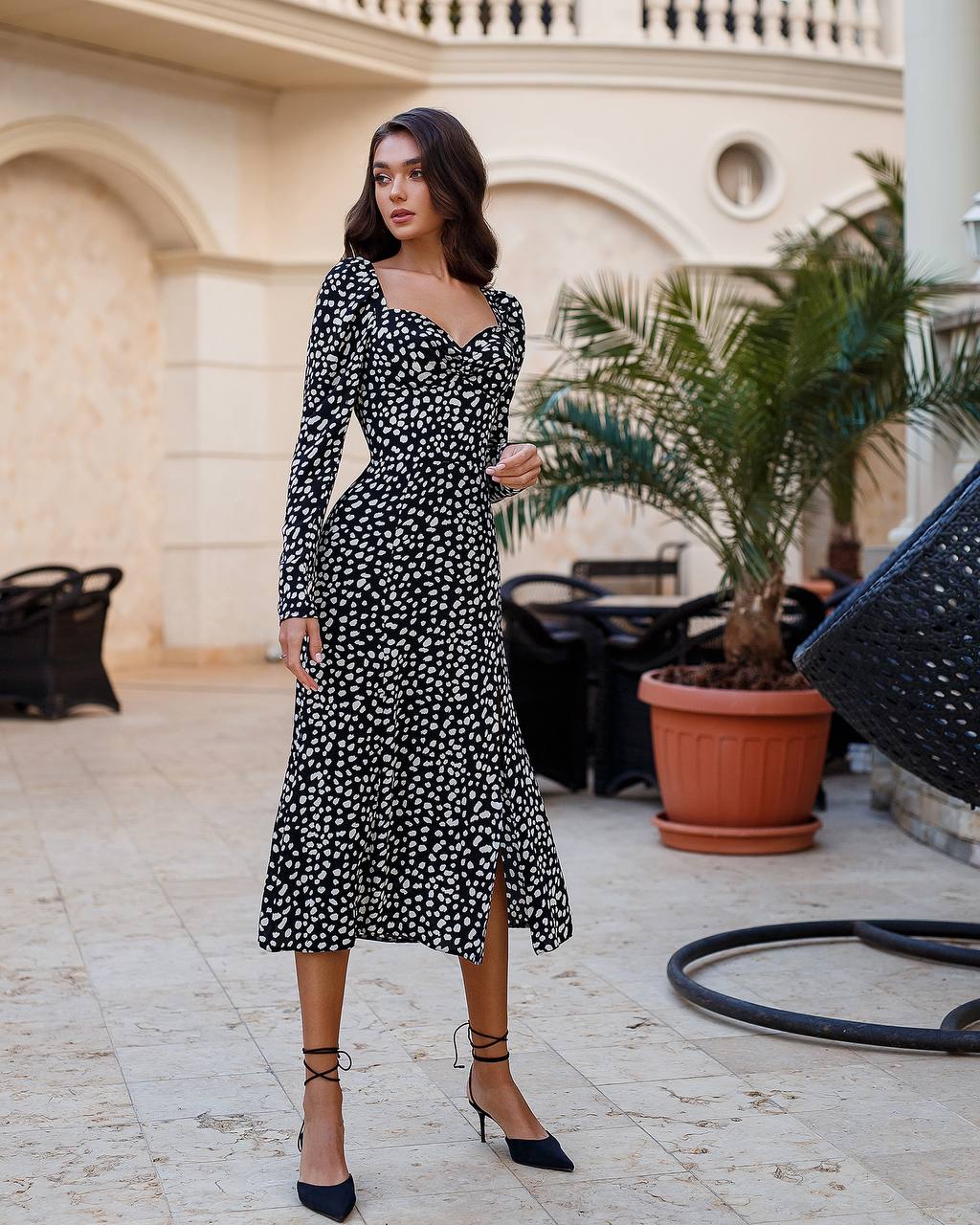 Black and Cream Stain Print Dress with Long Sleeves and Side Slit