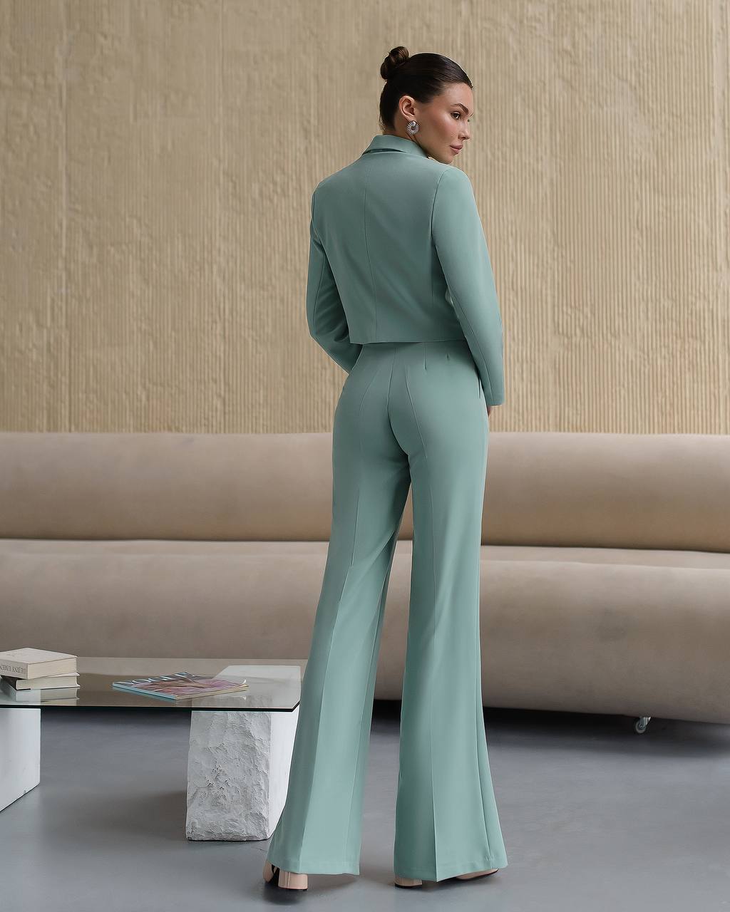 Womens Cropped Jacket Suit With High Waist Slit Trousers
