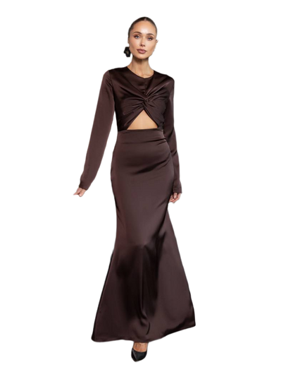Elegant Long Sleeve Chocolate Satin Dress with Twist Front and Cutout