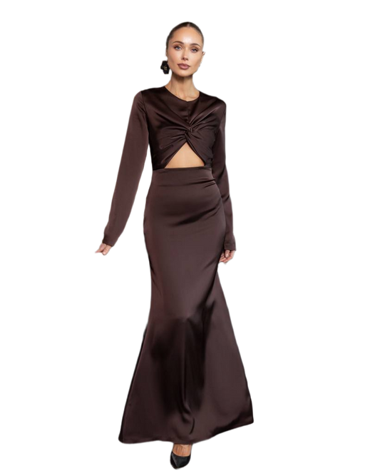 Elegant Long Sleeve Chocolate Satin Dress with Twist Front and Cutout