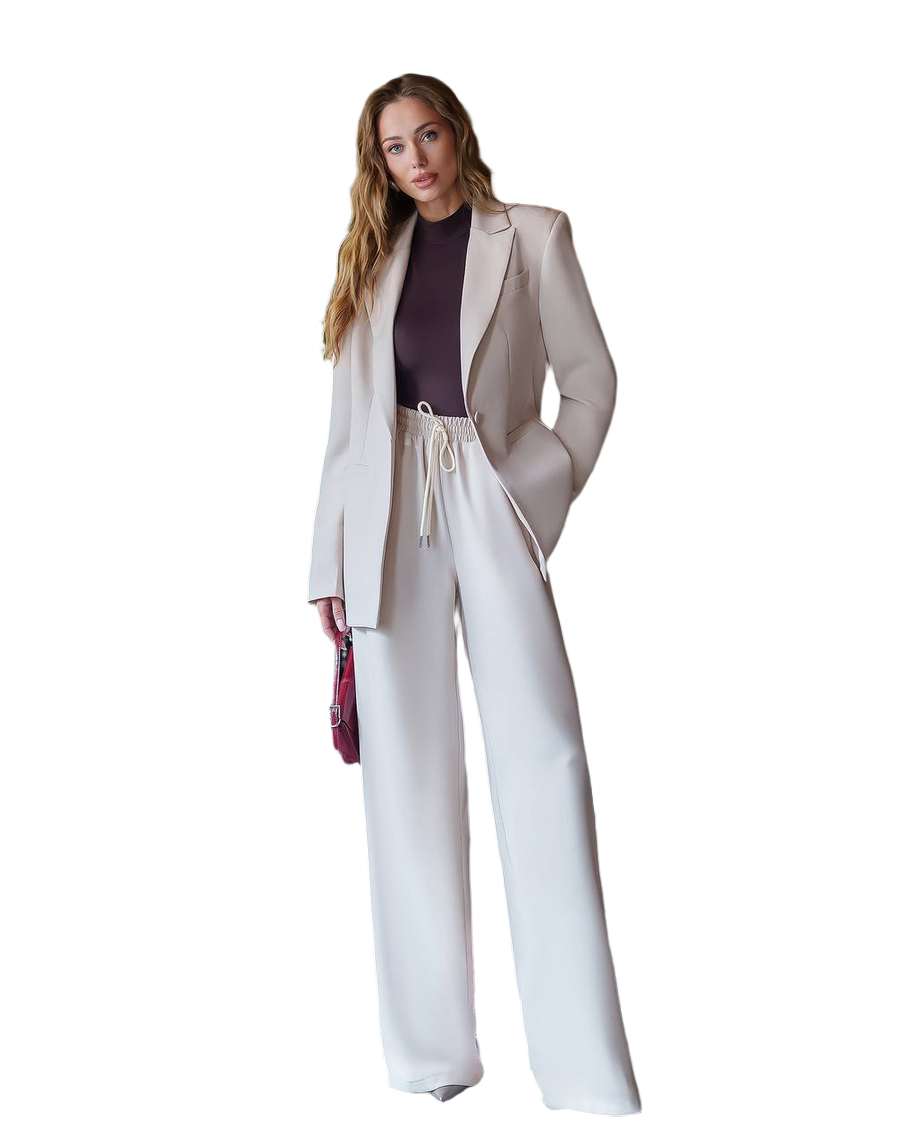 Elegant Womens Viscose Blend Suit with Blazer and Wide Leg Trousers