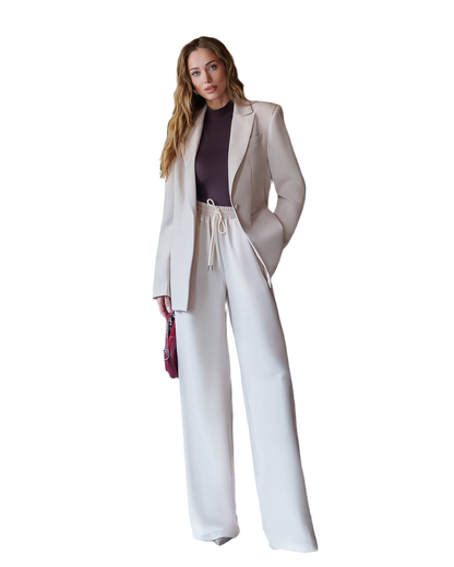 Elegant Womens Viscose Blend Suit with Blazer and Wide Leg Trousers
