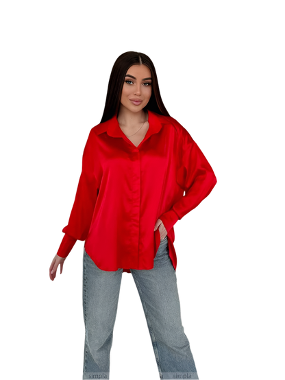 Elegant Red Satin Shirt with Hidden Buttons for Women
