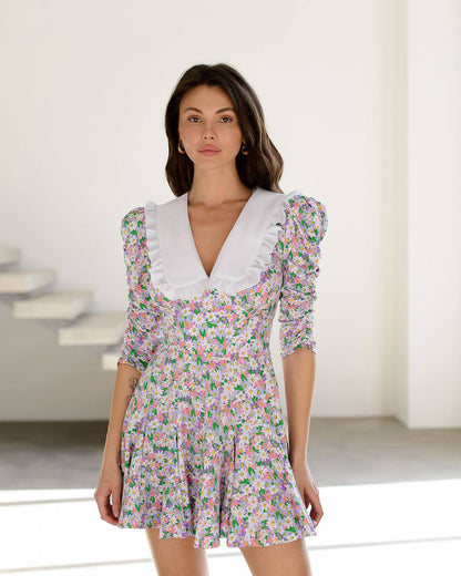 Women Floral Print Dress with White Cotton Collar