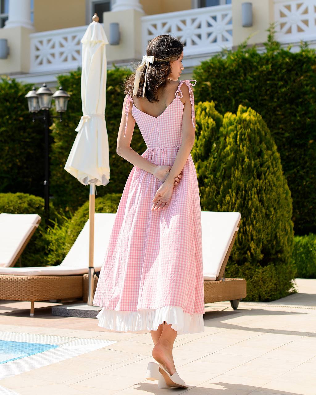 Pink Checked Cotton Sundress with Crinkled Batiste Lining for Women