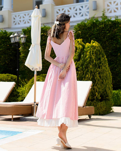 Pink Checked Cotton Sundress with Crinkled Batiste Lining for Women