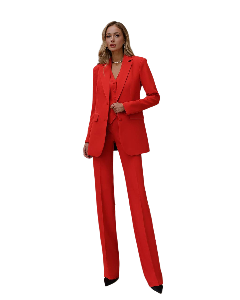 Womens Three-Piece Suit with Vest in Red Diagonal Crepe Fabric