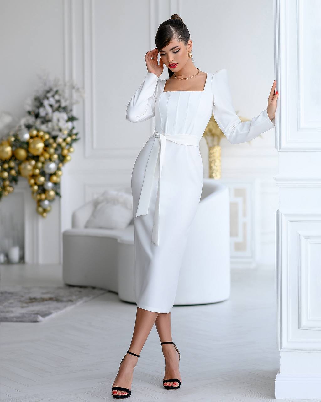 Womens Tailored Crepe Midi Sheath Dress with Square Neckline and Tie Waist