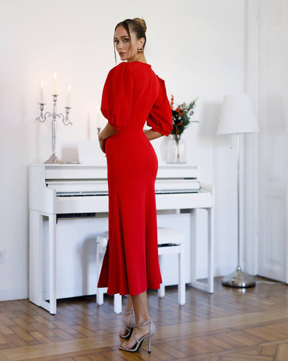 Elegant Women's Midi Dress with Puff Sleeves and Side Slit