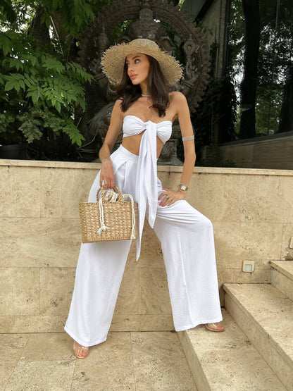 White Palazzo Pants and Multifunctional Strapless Top Set for Women