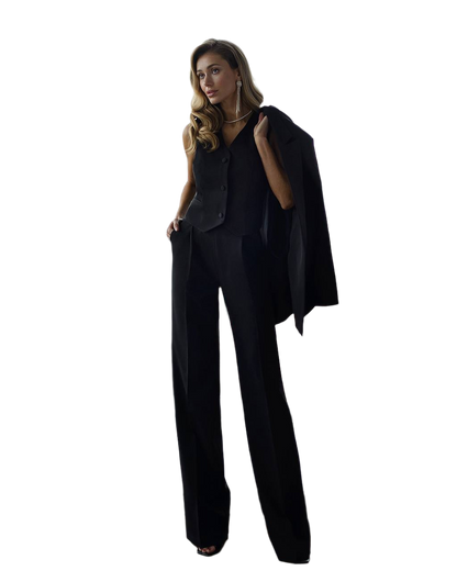 Womens Three Piece Black Suit Crepe Diagonal Blazer Vest Trousers