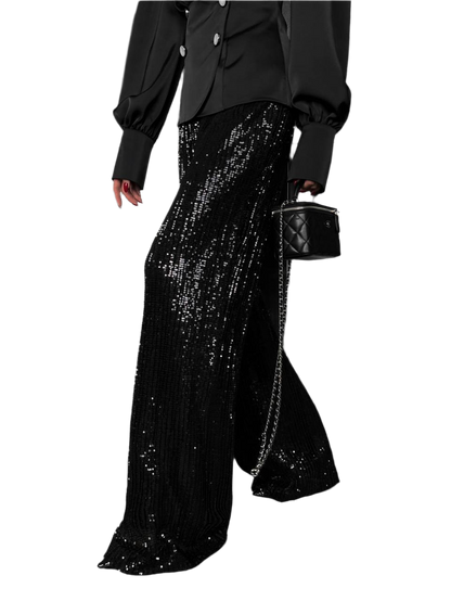 Lux Black Mesh Shine Pants with Sequin Embellishments for Women