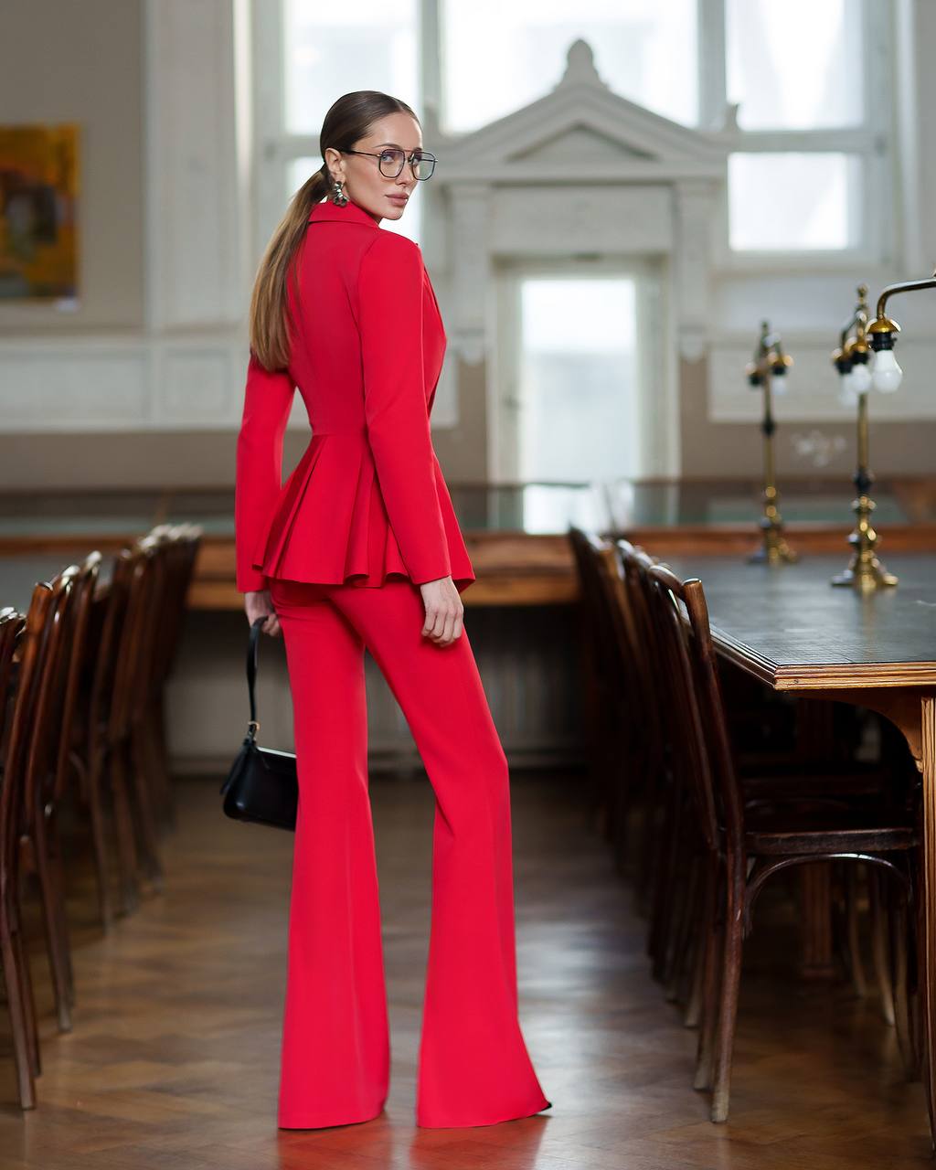 Premium Diagonal Crepe Women's Peplum Suit in Red