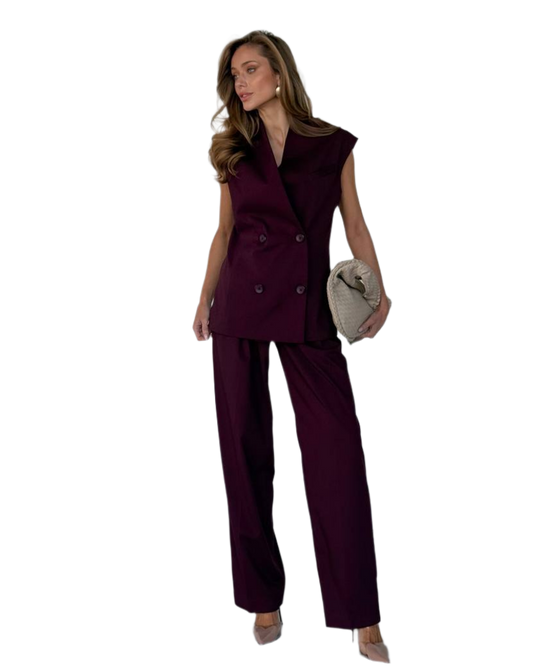Womens Double Breasted Vest and High Waist Pants Suit Set in Dark Burgundy