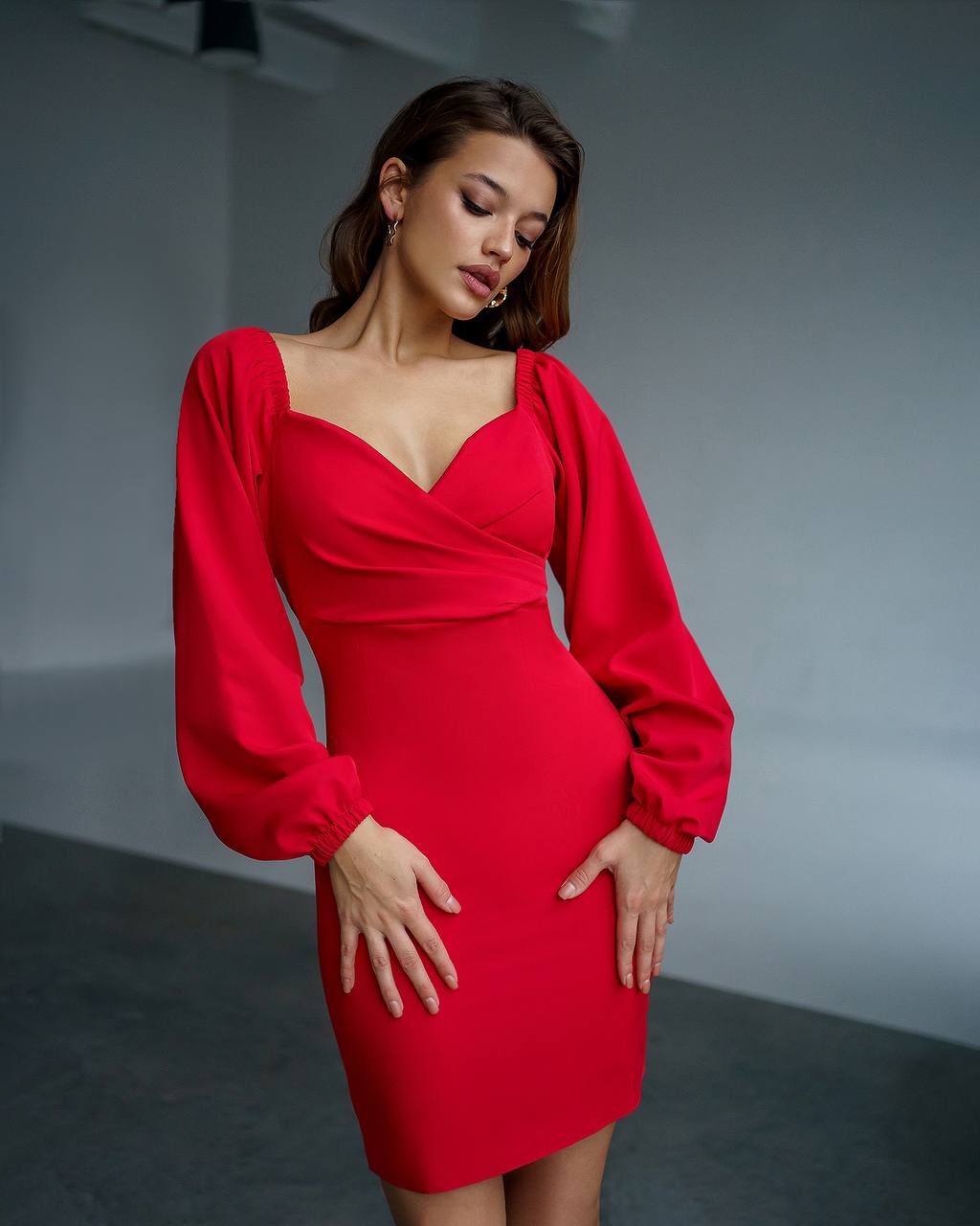 Red Mini Dress with Long Puff Sleeves and Sweetheart Neckline