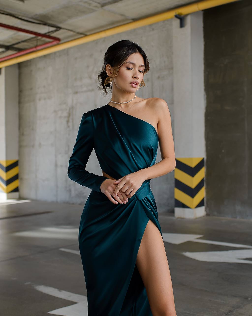 Elegant One Shoulder Maxi Dress in Premium Mango Satin