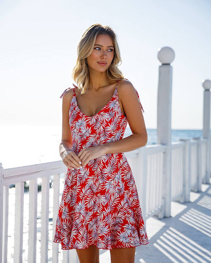 Printed Linen Sundress Women Summer Red Leaf Print