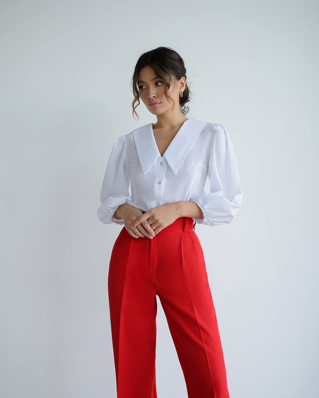 Women's High Waist Wide Leg Trousers in Suiting Crepe Diagonal Fabric