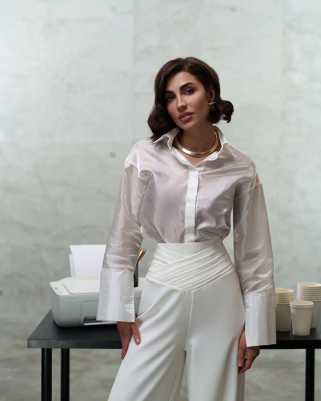 Elegant Wide Leg Trousers with Draped Top in Premium Diagonal Suiting Crepe