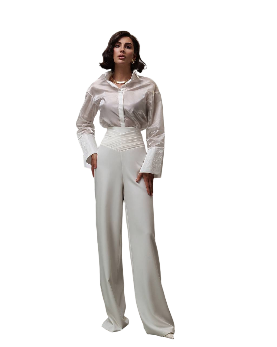 Elegant Wide Leg Trousers with Draped Top in Premium Diagonal Suiting Crepe