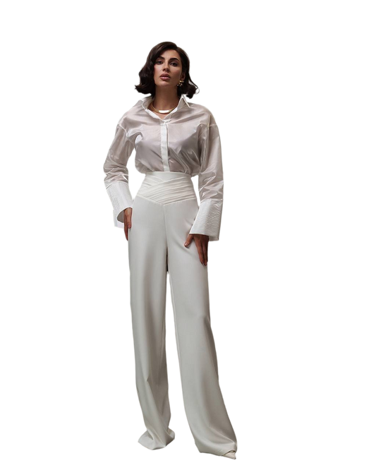 Elegant Wide Leg Trousers with Draped Top in Premium Diagonal Suiting Crepe