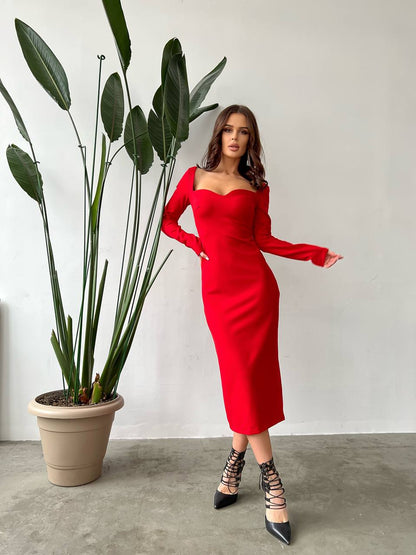 Red Long Sleeve Bodycon Midi Dress French Knitwear Alex Premium