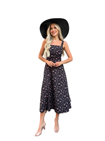 Floral Print Midi Dress with Square Neck and Open Back