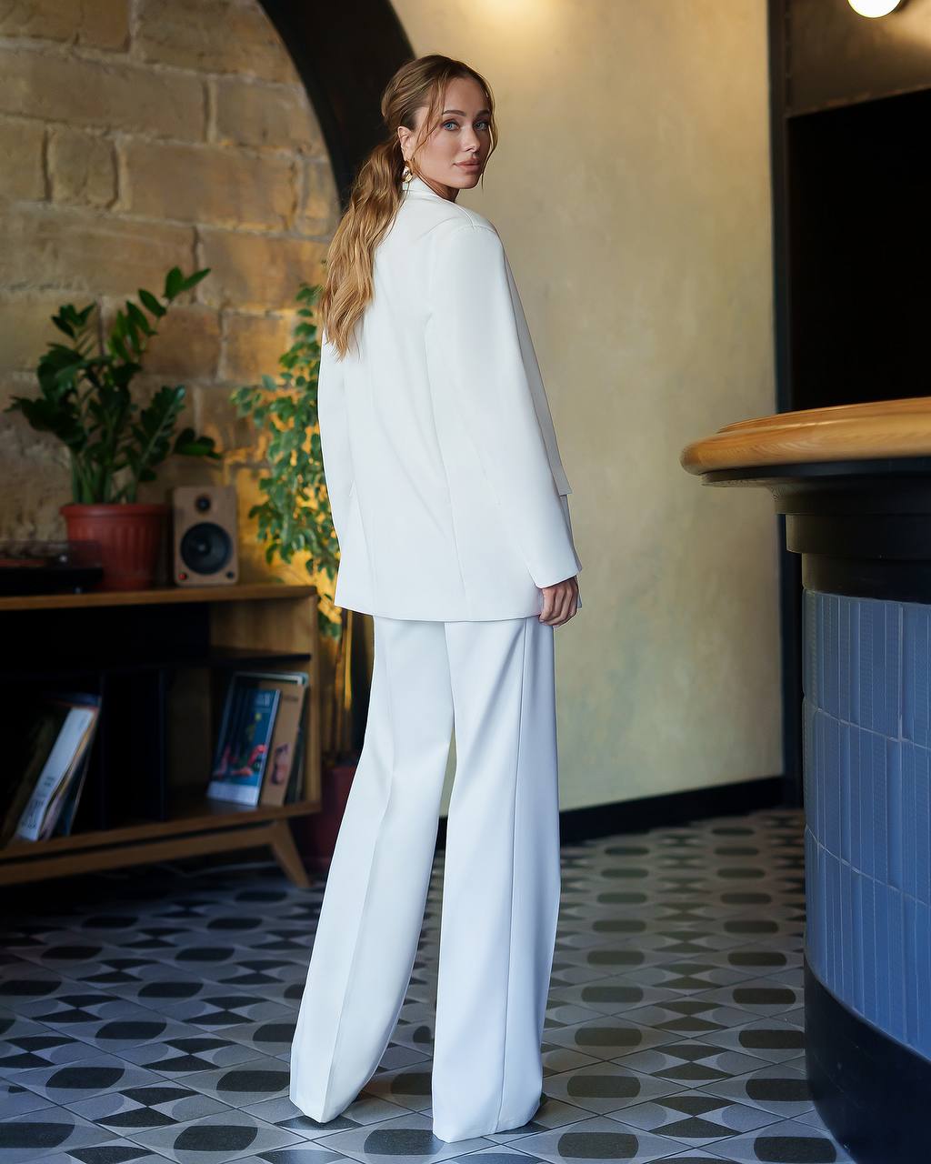 Womens White Three Piece Suit Premium Crepe Diagonal Fabric