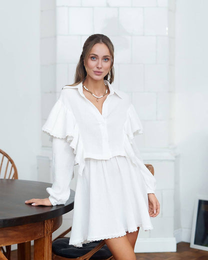 Women's Muslin Two-Piece Set Shirt and Skirt in Milk with Hearts Print