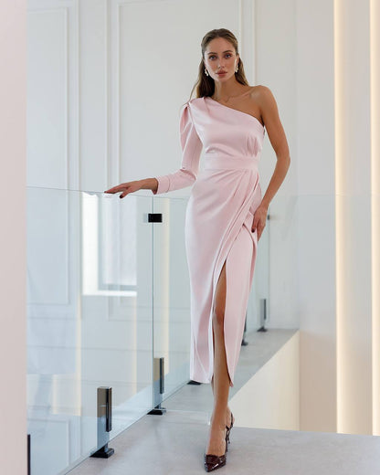 One-Shoulder Midi Dress in Powder Pink Satin