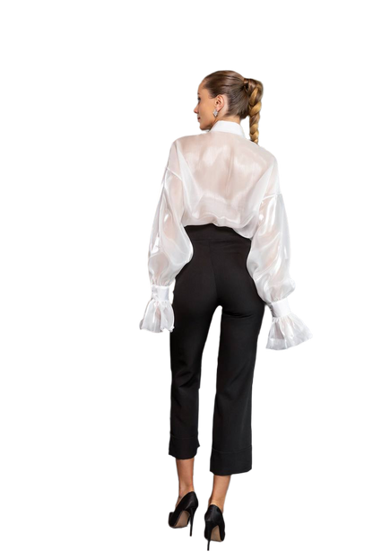 Woman wearing a sheer white blouse and black pants on a white background